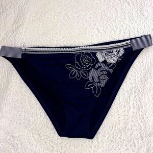 BECCA By Rebecca Virtue Embroidered Patch Floral Stripe Ruffle Bikini Bottom